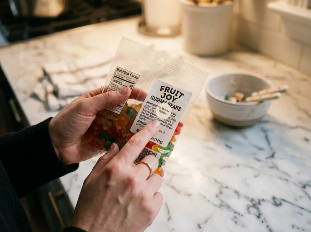 Checking a candy ingredient label for gelatin
