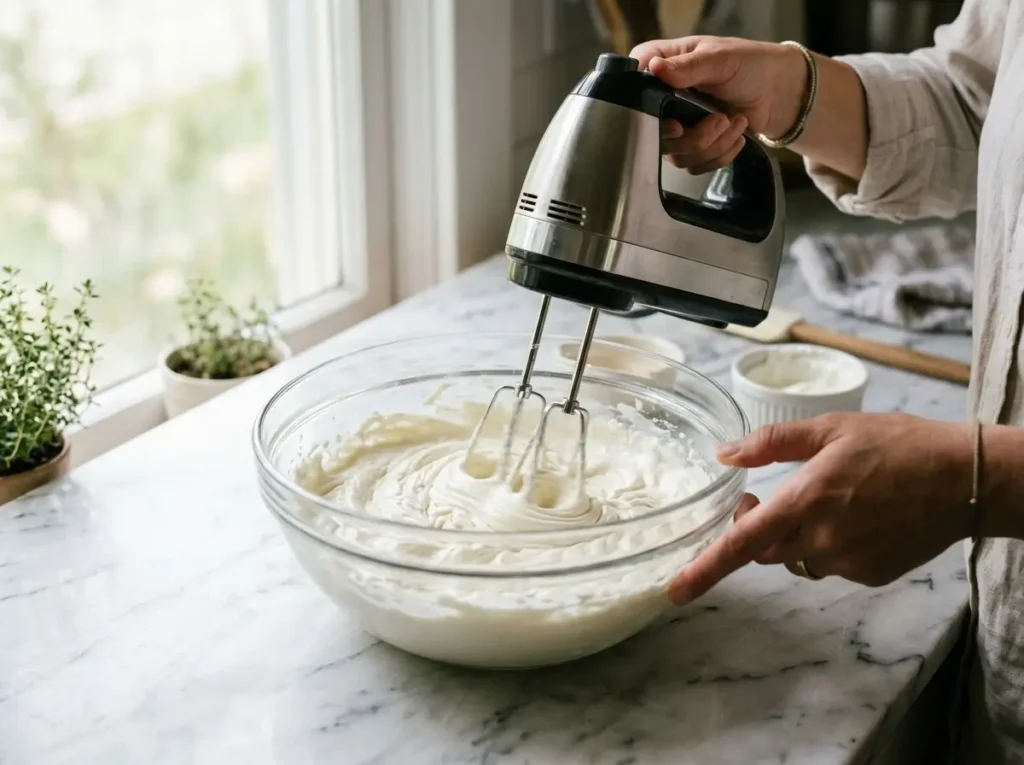 Blending the cream cheese base for smooth sugar-free cheesecake jello