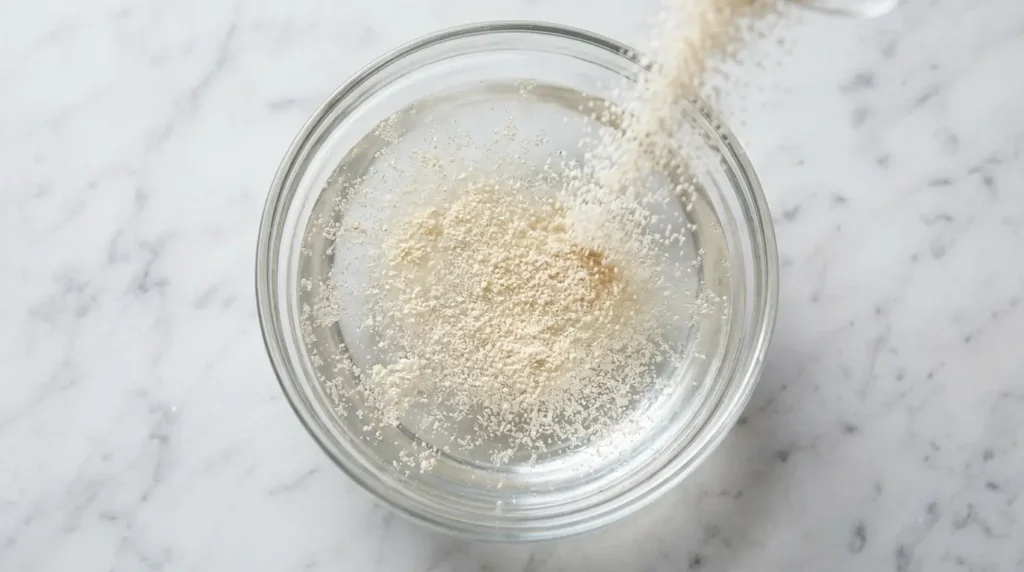 Sprinkling gelatin powder over cold water to bloom
