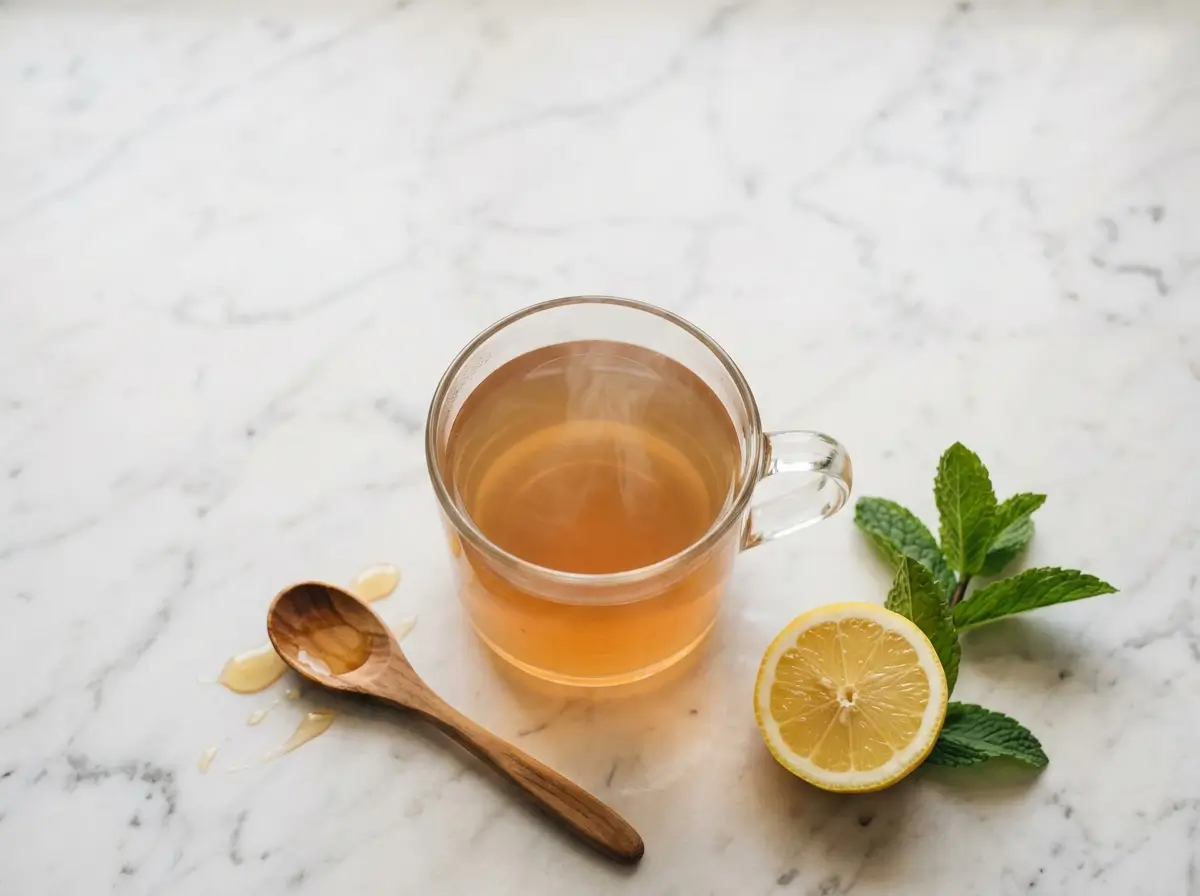Gelatin water recipe in a glass mug on marble countertop