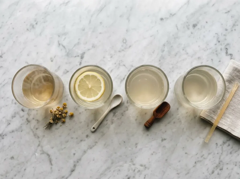 Four variations of gelatin water: warm, lemon, chilled, and sugar-free