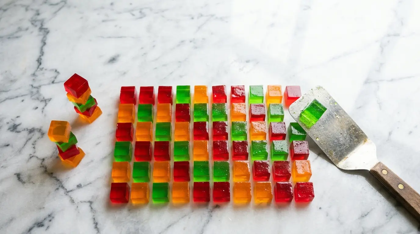 Colorful cut Knox Blox gelatin squares on marble