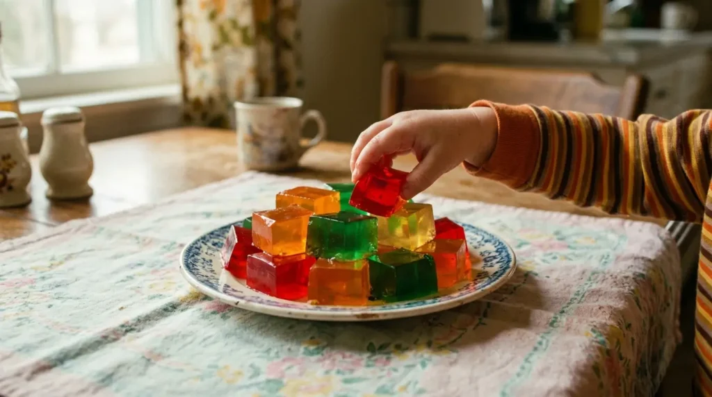 Kid picking up a Knox Blox gelatin square