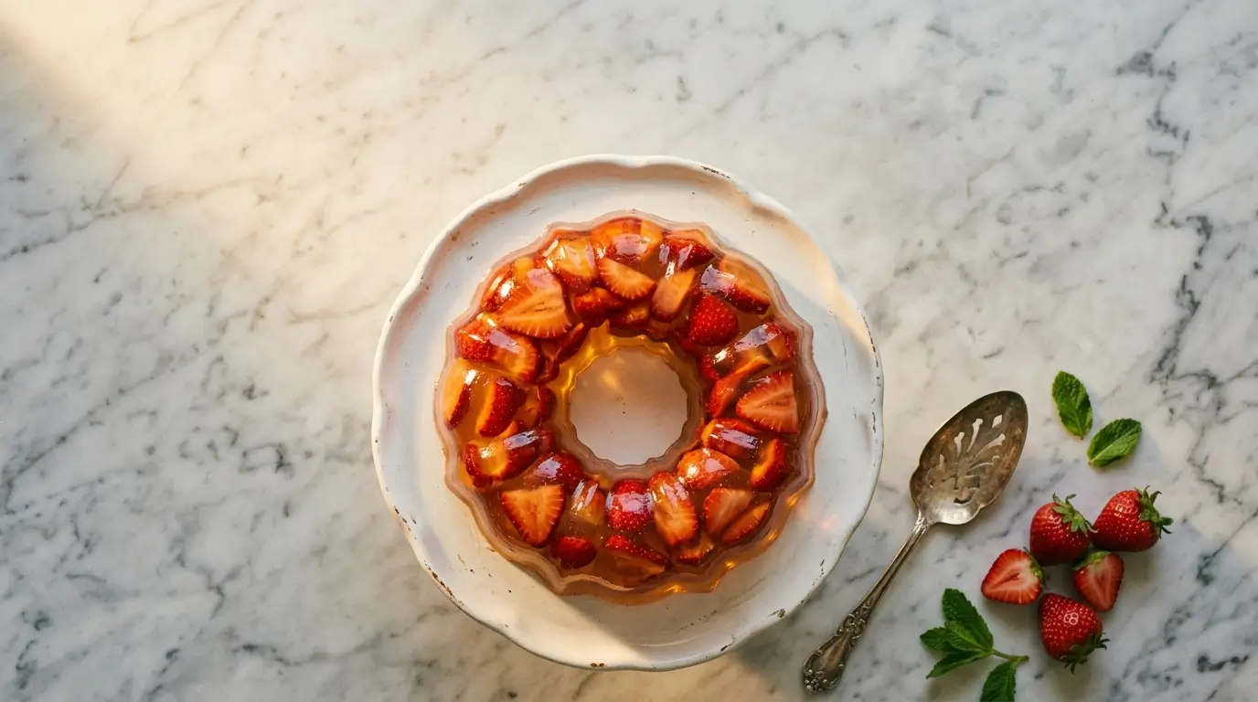 Molded Knox gelatin dessert with strawberries