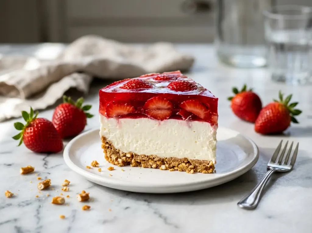 Strawberry pretzel salad cross-section showing three layers