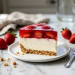Strawberry pretzel salad cross-section showing three layers
