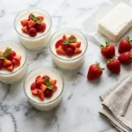 Sugar-free cheesecake jello topped with strawberries on white Carrara marble