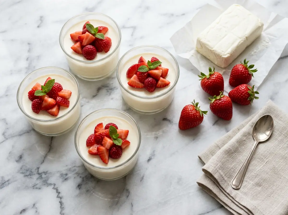 Sugar-free cheesecake jello topped with strawberries on white Carrara marble