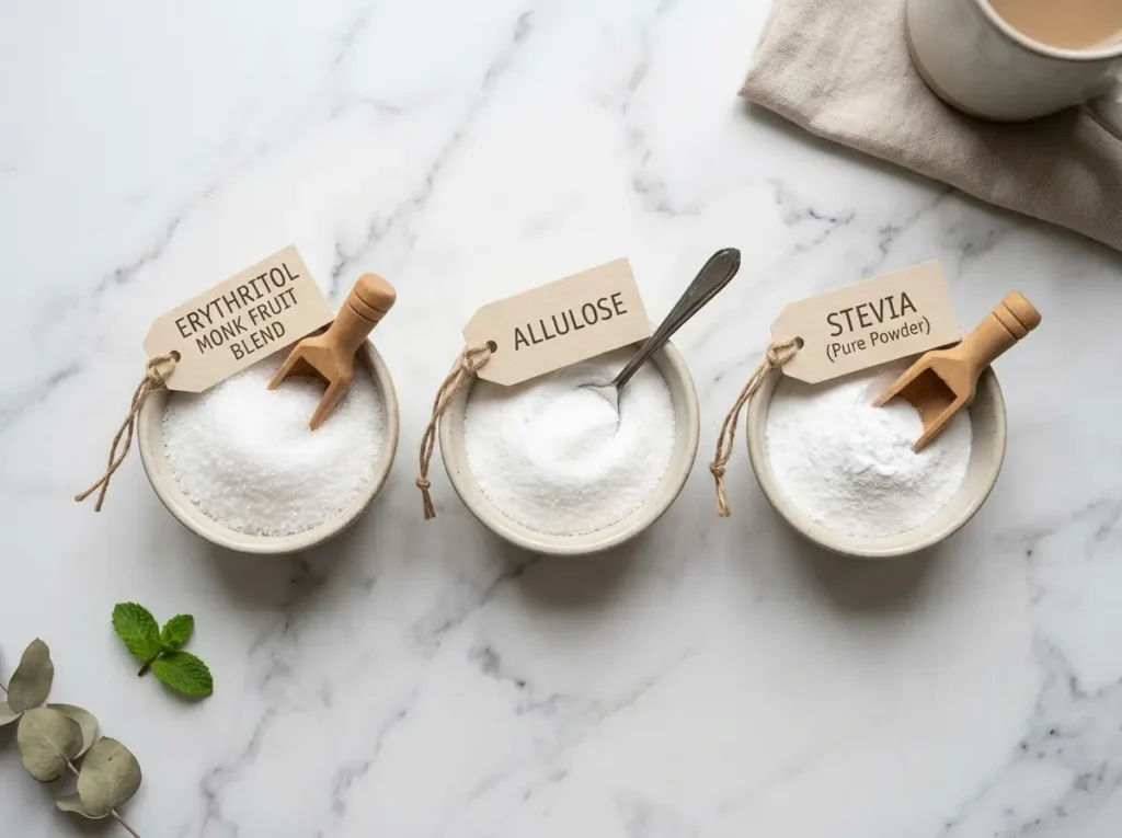 Sugar-free sweeteners for cheesecake jello: erythritol, allulose, stevia