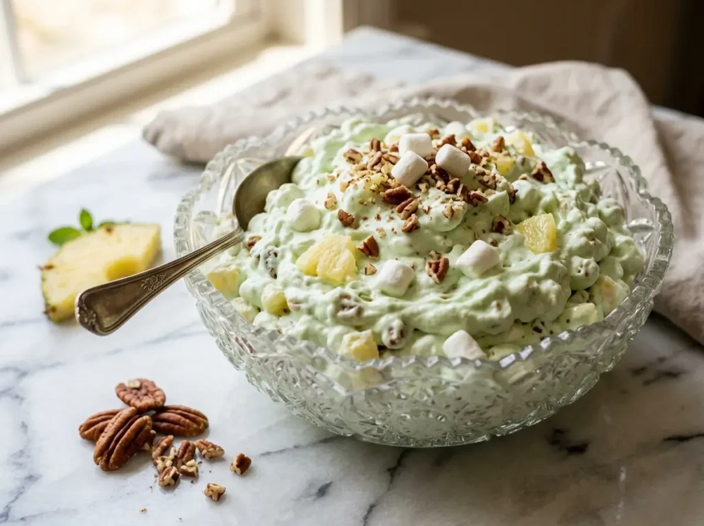 Watergate salad with pistachio, pineapple, and pecans