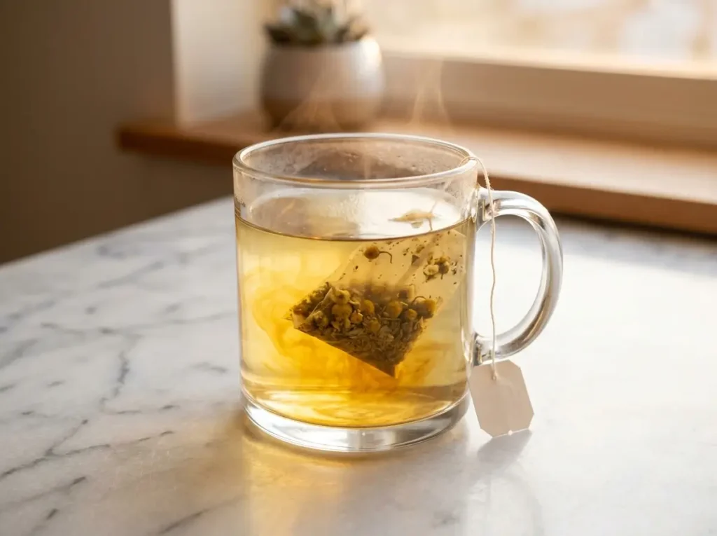 Chamomile tea bag steeping in hot water for a nighttime cup