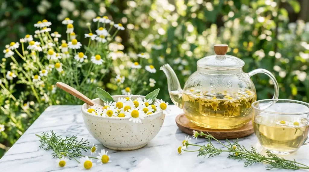 Dried chamomile flowers measured into a tea infuser to make chamomile tea