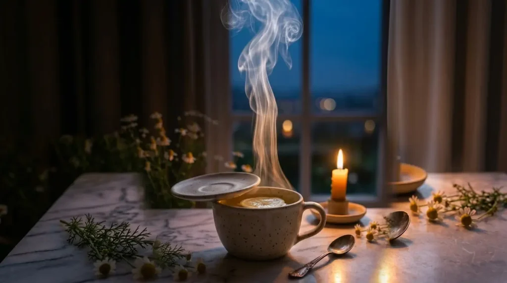 Covered mug of chamomile tea with lemon for a cozy evening
