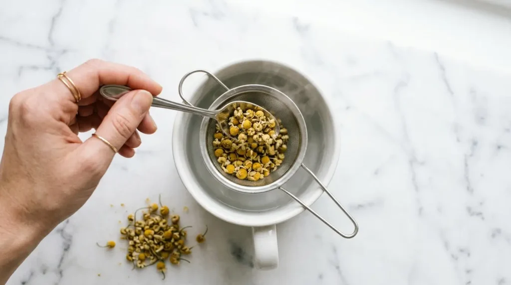 Fresh chamomile flowers in a bowl beside a teapot of fresh chamomile tea