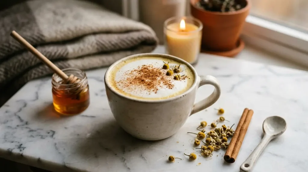 Chamomile tea latte with frothy milk and cinnamon on white marble