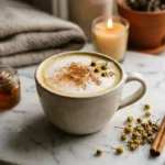 Chamomile tea latte with frothy milk and cinnamon on white marble