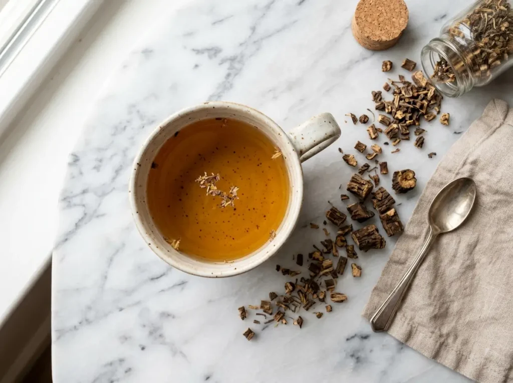 Cup of Dr. Siana dandelion herbal tea with dried dandelion root on marble