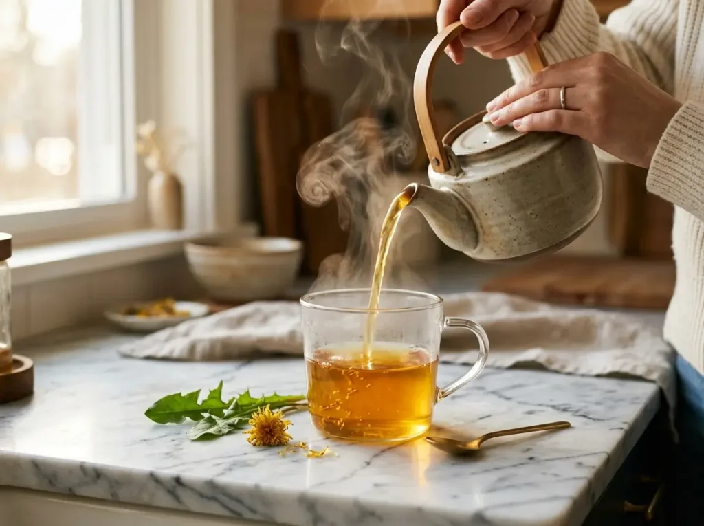 Pouring a cup of Dr. Siana dandelion tea for weight loss