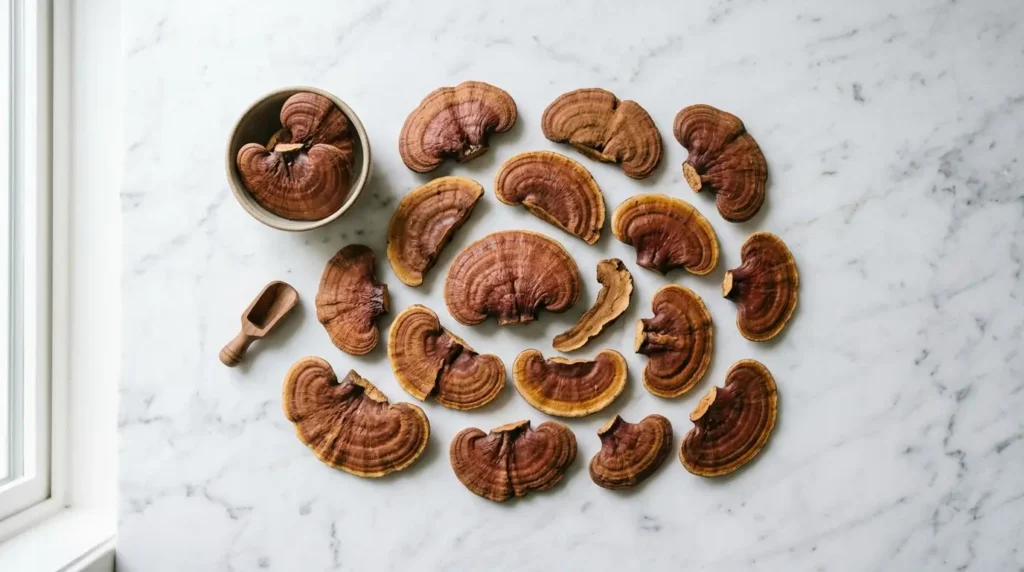 dried reishi mushroom slices on white Carrara marble