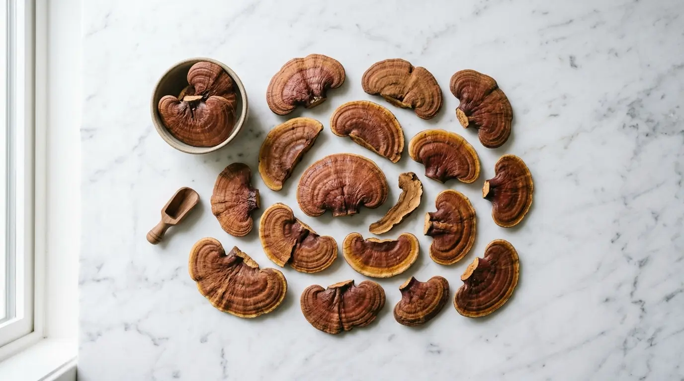 dried reishi mushroom slices on white Carrara marble