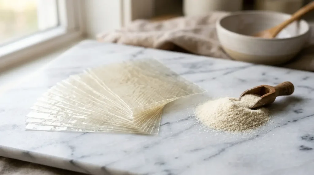 gelatin sheets fanned out next to powdered gelatin on white Carrara marble
