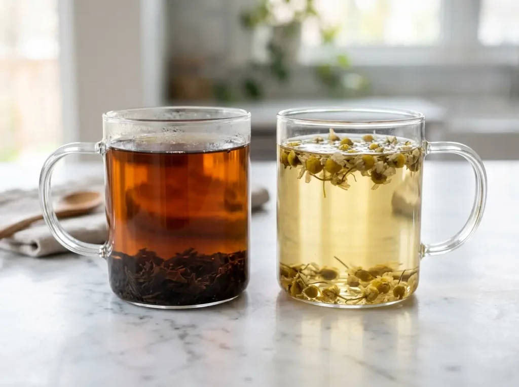 Side-by-side comparison of black tea and herbal chamomile tea