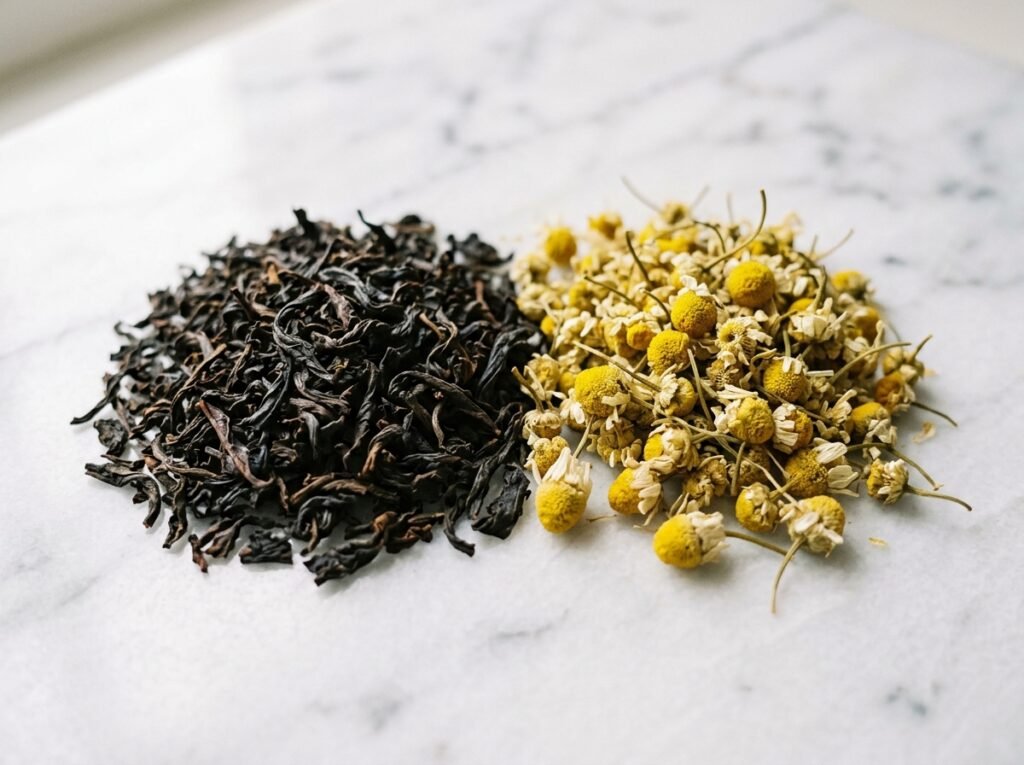 Loose black tea leaves next to dried chamomile flowers showing ingredient differences