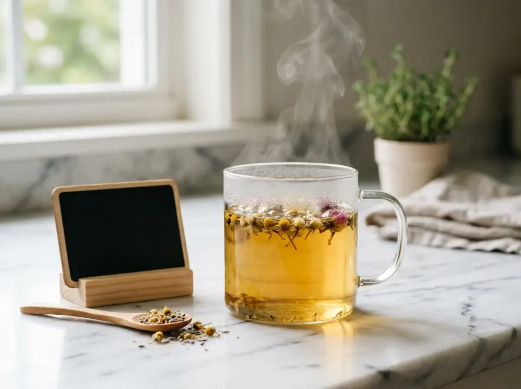 Steaming mug of herbal tea on a marble counter