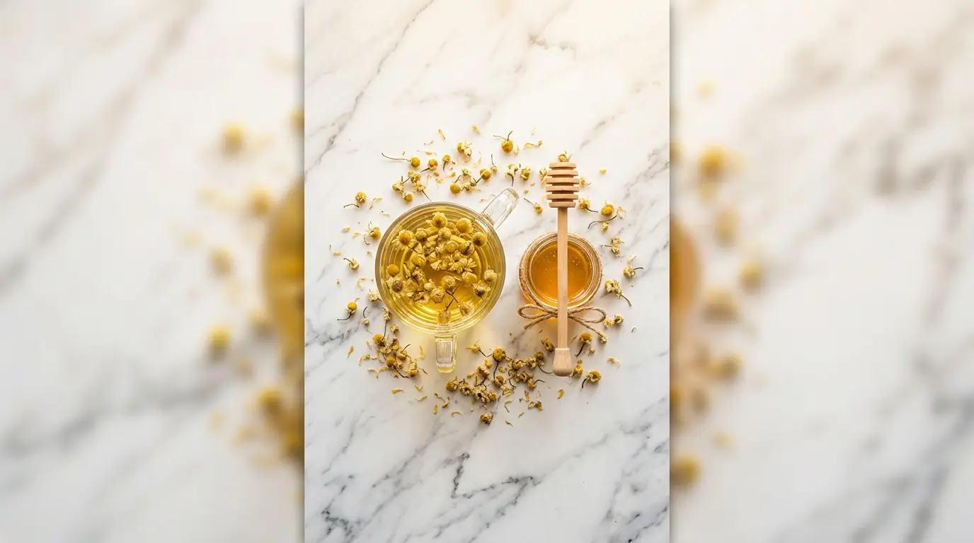 How to make chamomile tea in a glass mug with dried chamomile flowers and honey
