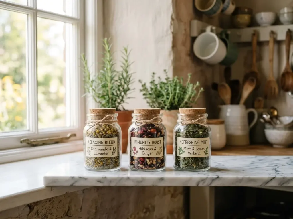 Three glass jars of homemade herbal tea blends stored on a shelf