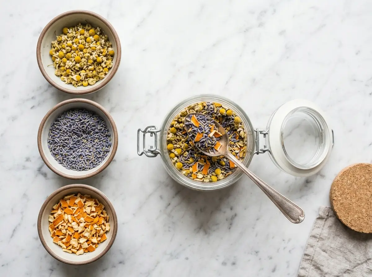 Combining chamomile, lavender, and orange peel into a homemade herbal tea blend