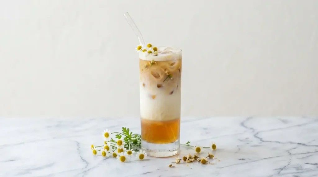 Iced chamomile latte with layers of tea and milk over ice
