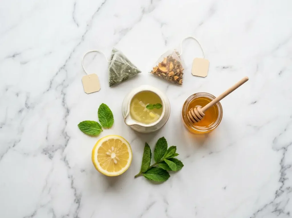 Ingredients for a homemade Medicine Ball tea: tea bags, lemonade, honey, lemon, and mint