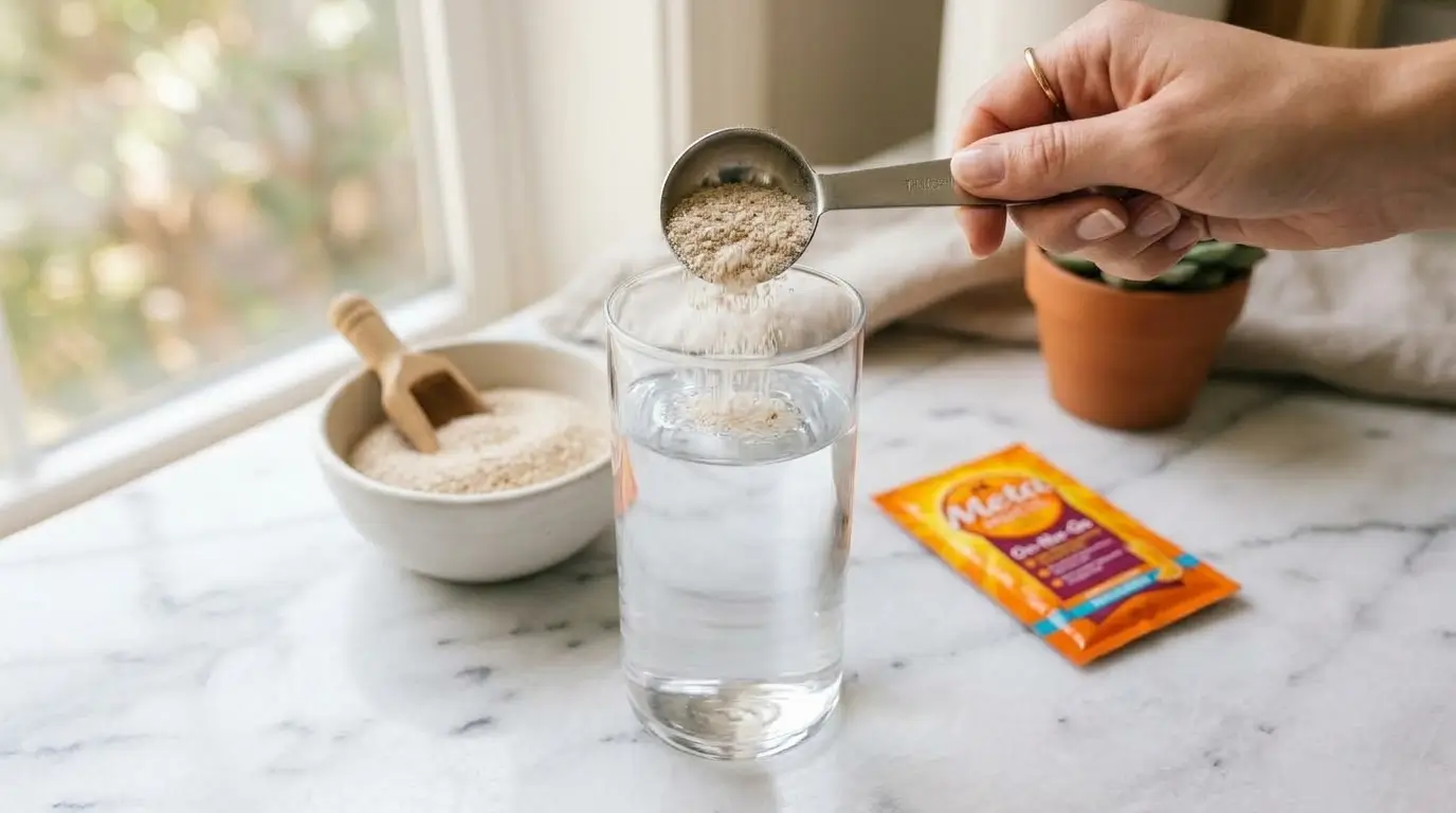 realistic wellness routine essentials on white Carrara marble