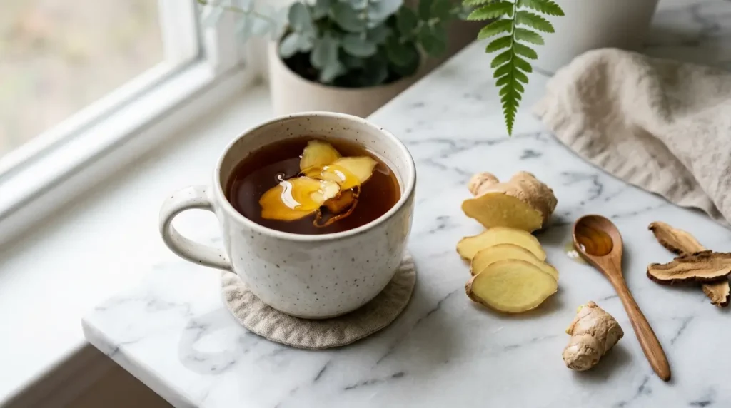 reishi mushroom tea with honey and ginger on white Carrara marble