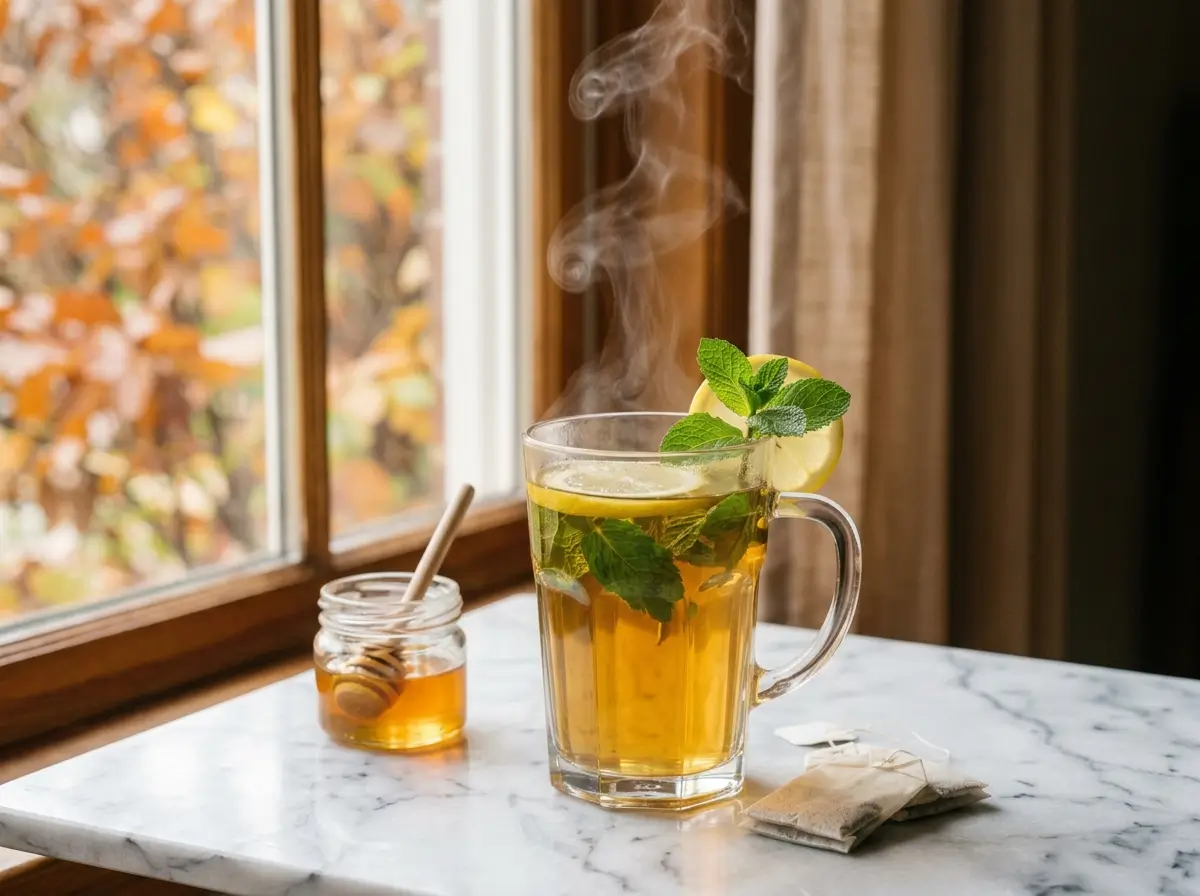 Homemade copycat Starbucks Medicine Ball tea with lemon and mint
