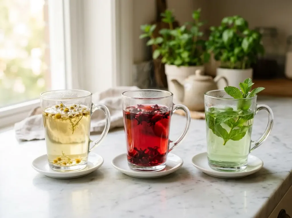 Three glass mugs showing different colors of herbal tea: chamomile, hibiscus, and mint