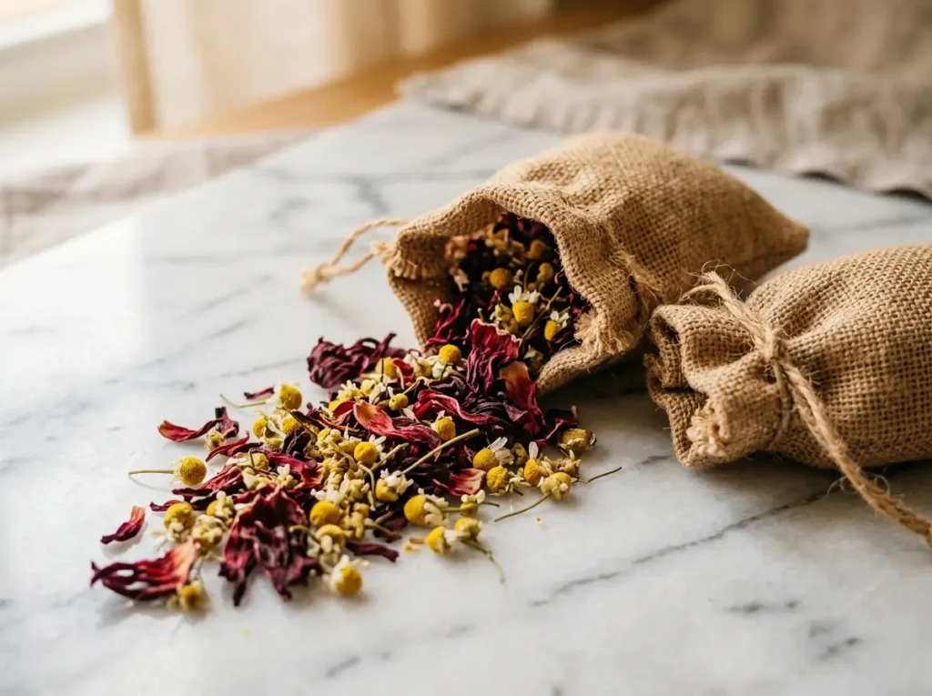 Dried hibiscus and chamomile flowers spilling from small bags on marble