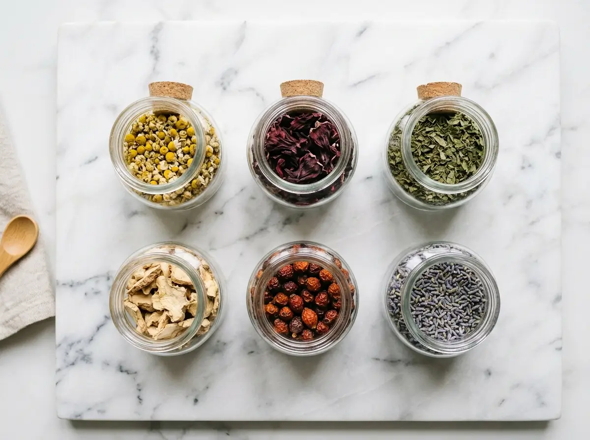Overhead grid of dried herbal tea ingredients including chamomile, hibiscus, and mint