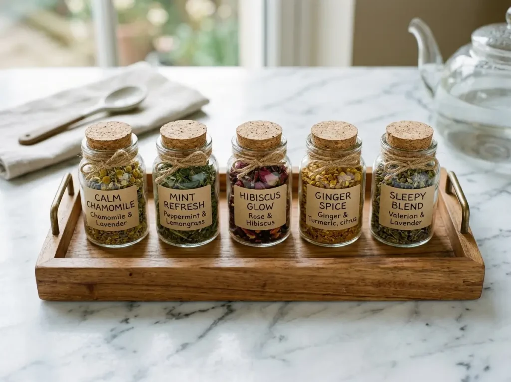 Wooden tray with a collection of loose-leaf herbal tea jars