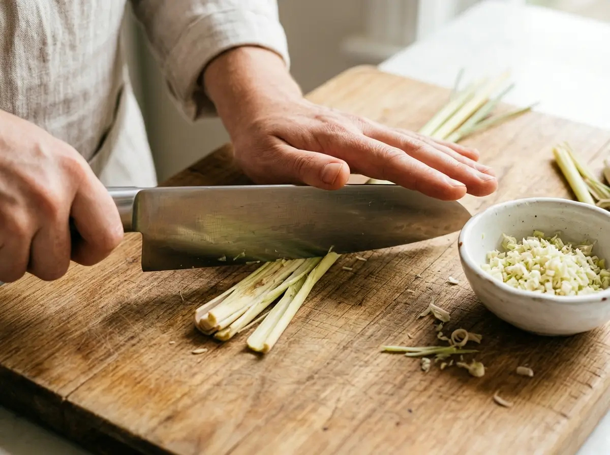 Bruising a lemongrass stalk with a knife next to a bowl of minced lemongrass