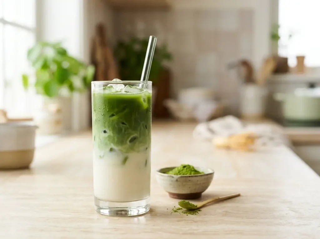 Iced matcha latte in a glass with green and white layers