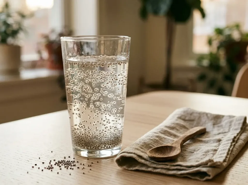 Glass of chia seed water with soaked chia seeds prepared for the evening