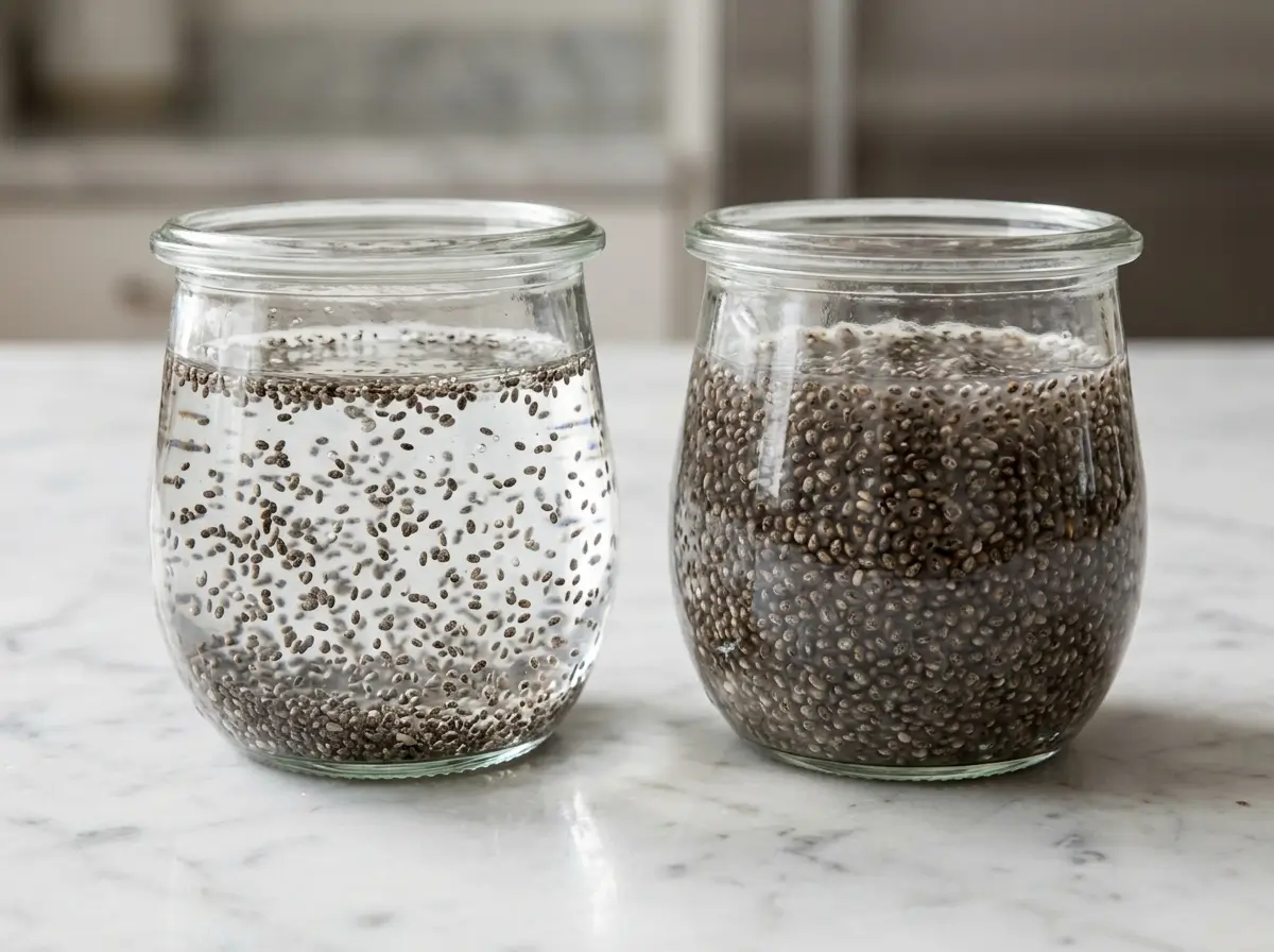 Chia seeds just added to water versus fully gelled chia seeds after soaking