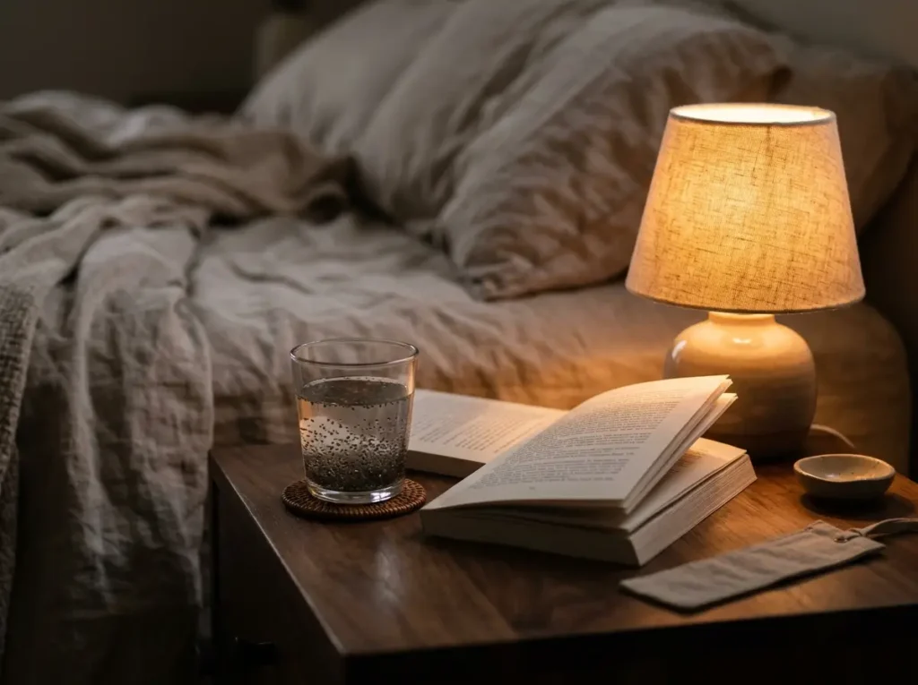 Glass of chia seed water on a bedside table in the evening