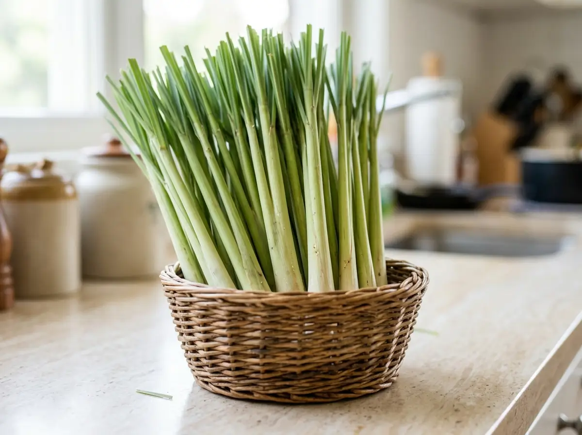 Bunch of fresh, firm green lemongrass stalks in a basket