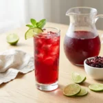 Glass of cold brew hibiscus tea with ice, lime and mint next to a pitcher and dried hibiscus flowers
