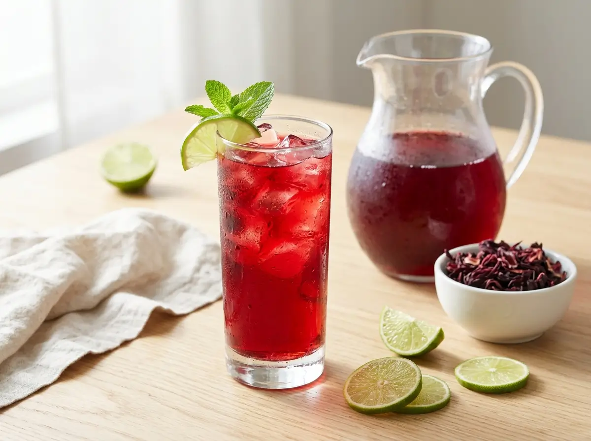 Glass of cold brew hibiscus tea with ice, lime and mint next to a pitcher and dried hibiscus flowers