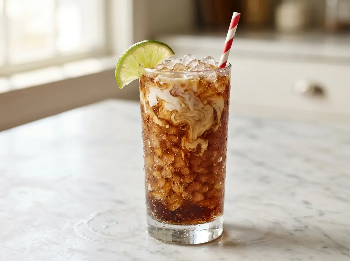 Glass of Dirty Dr Pepper with nugget ice, cream swirl, and a lime wedge