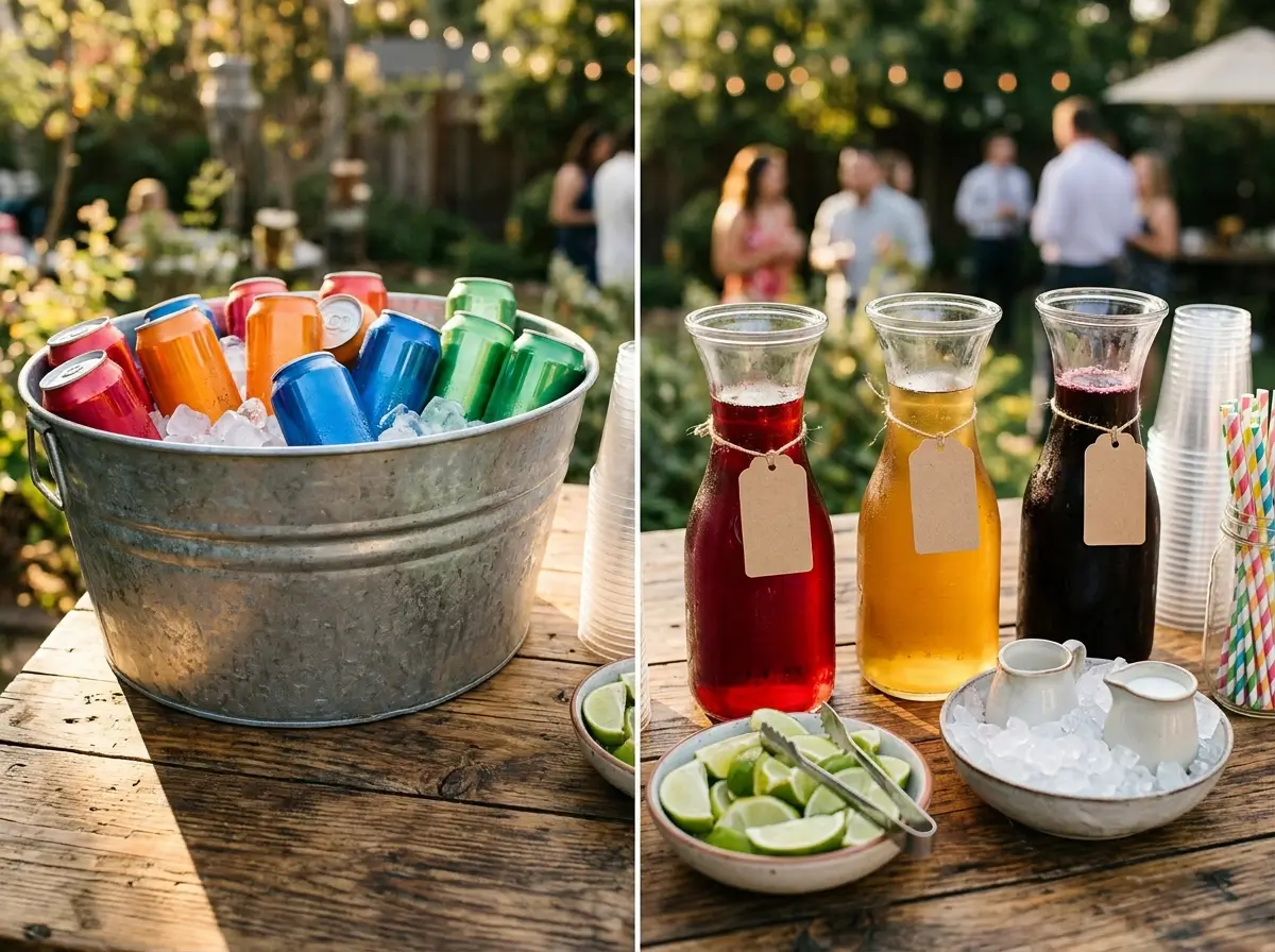 Dirty soda bar with sodas, syrups, lime wedges, and cream pitchers
